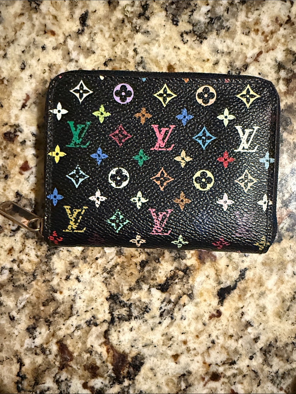 Authentic Louis Vuitton Multicolor Murakami Monogram Compact Zip Wallet - Black